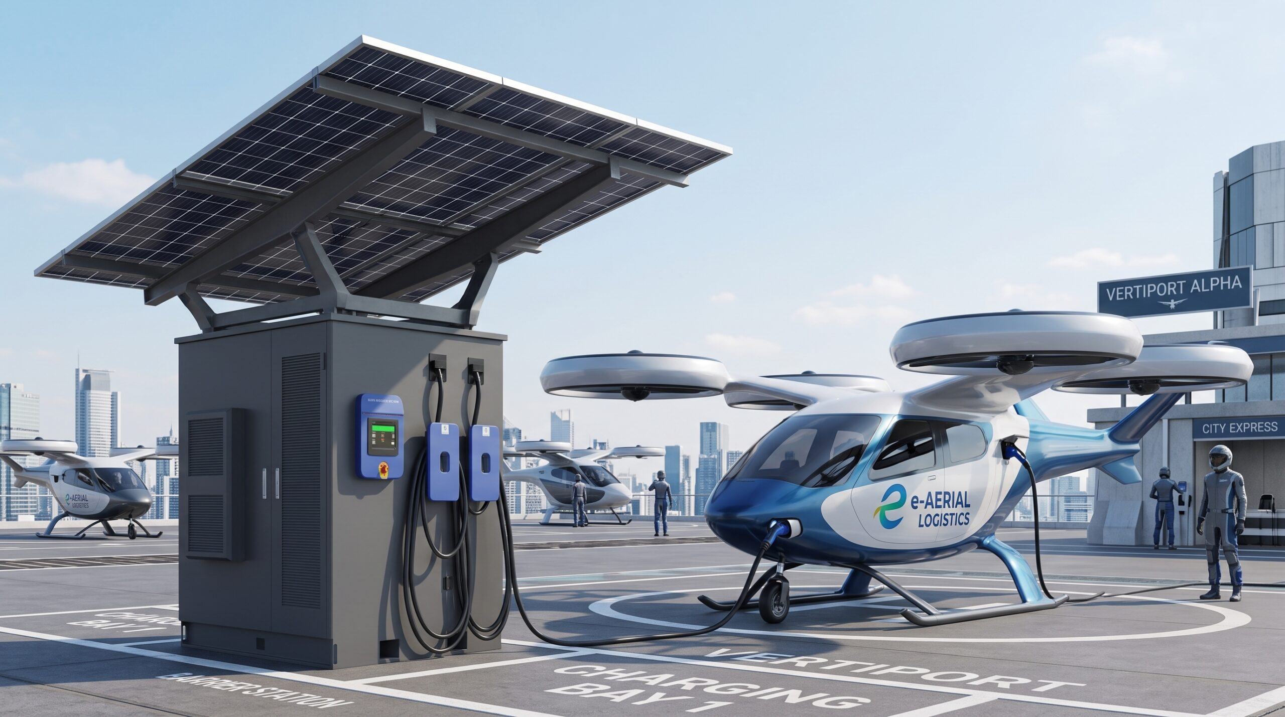 e-VTOL（空飛ぶクルマ）バーティポートでのメガワット給電イメージ
