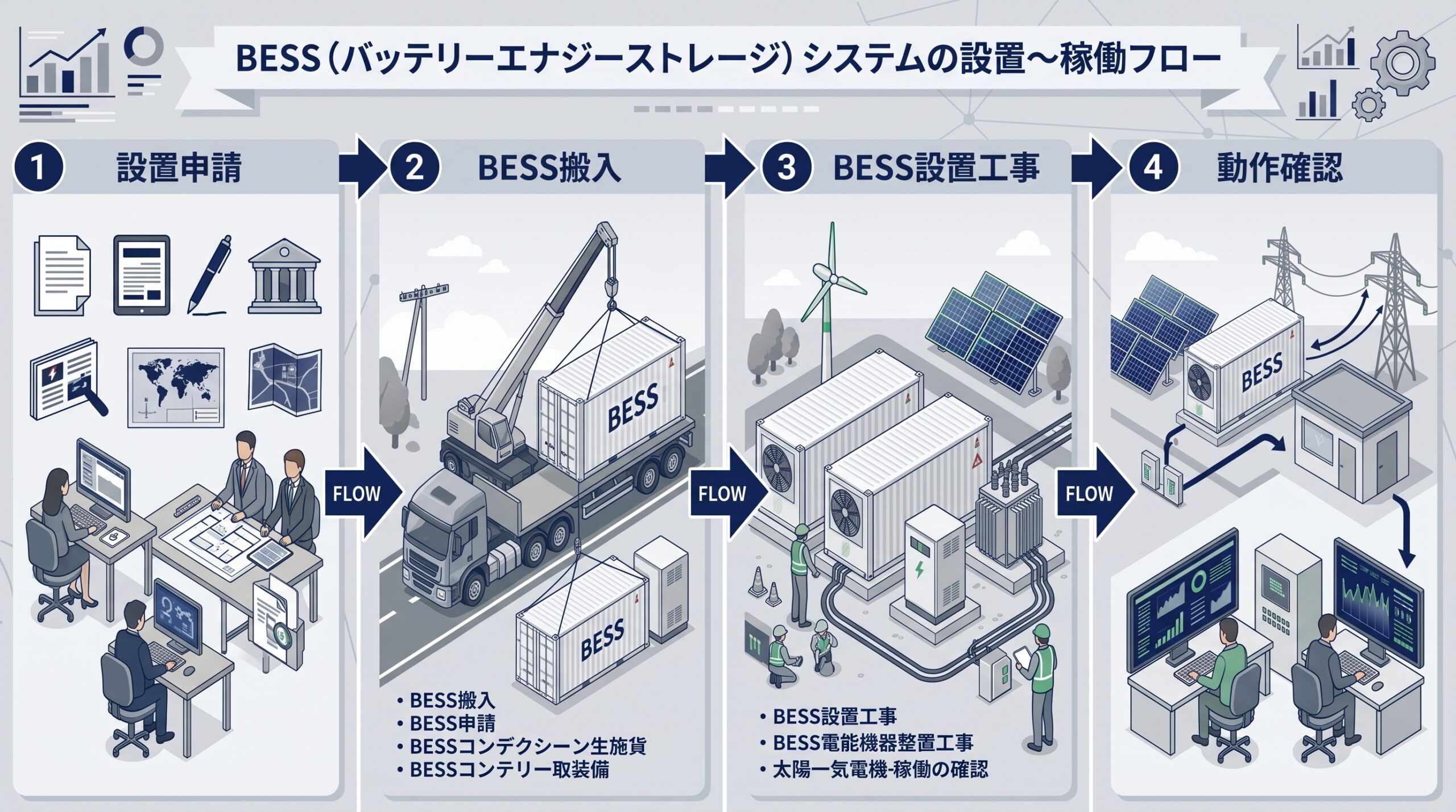 BESS（バッテリーエナジーストレージ）システムの設置～稼働フロー
