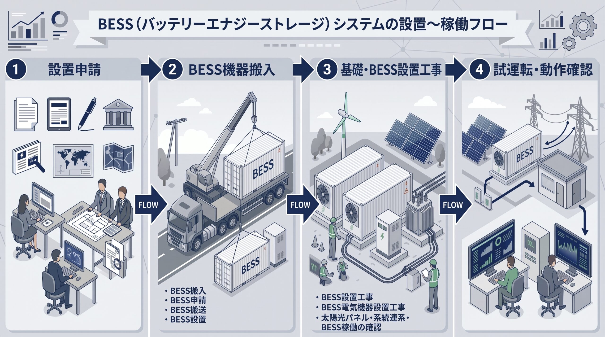 BESS（バッテリーエナジーストレージ）システムの設置～稼働フロー